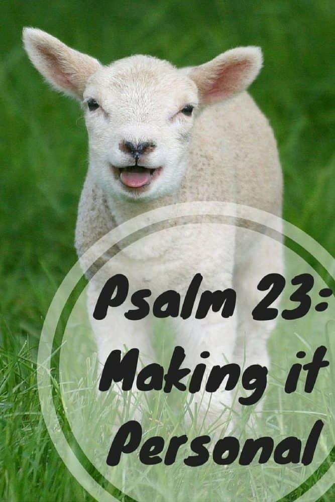 Photo of a lamb in a green field with text overlay that says "Psalm 23 - Making it Personal"