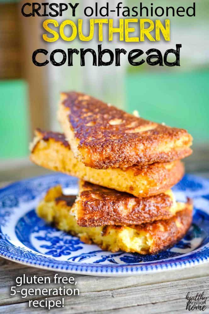 Cornbread stacked vertically on a blue willow plate with text overlay that says Southern Cornbread.