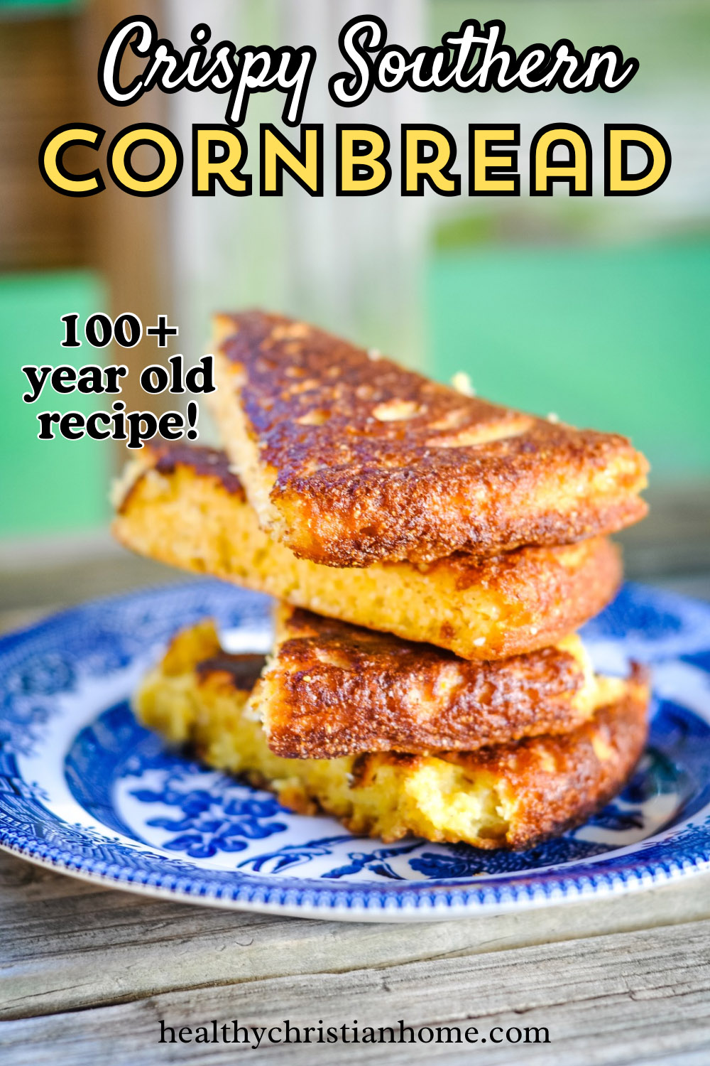 Southern cornbread slices stacked on a plate.