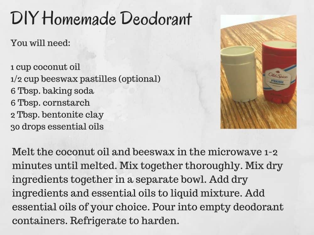 DIY Homemade Deodorant recipe card - simplified version of the recipe text in an image.