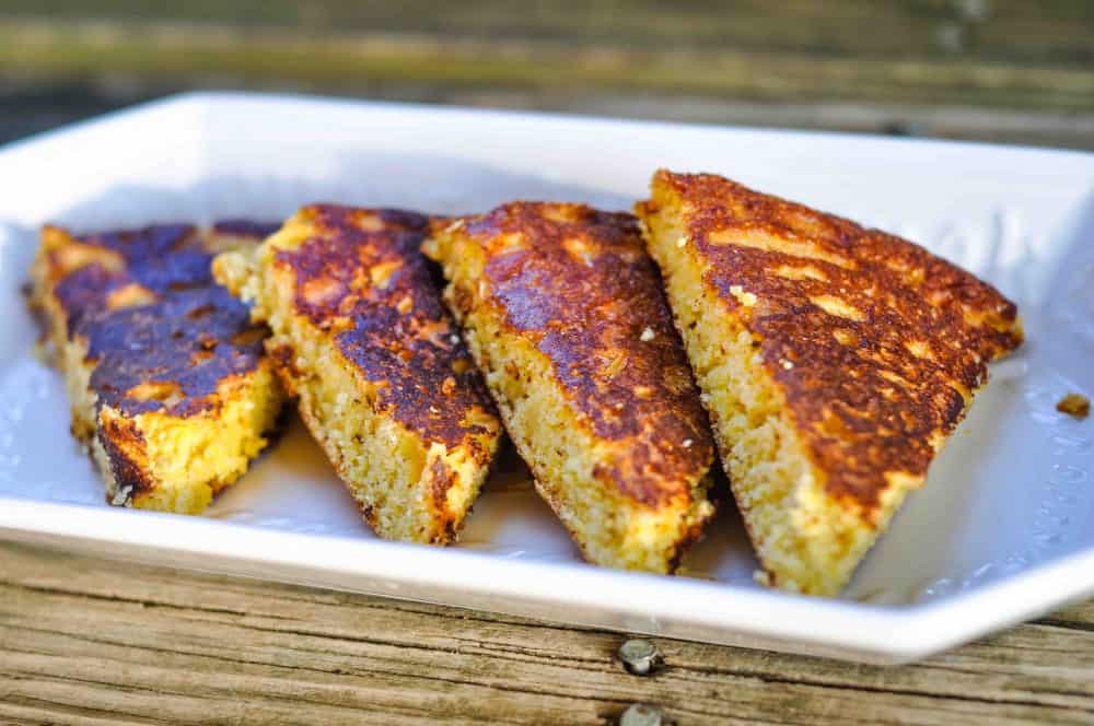 Southern cornbread on a white platter.