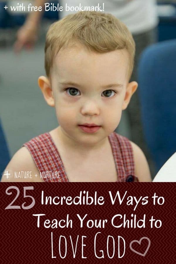 A little boy in overalls with text overlay, "Teaching Kids About God: 25 Ways"