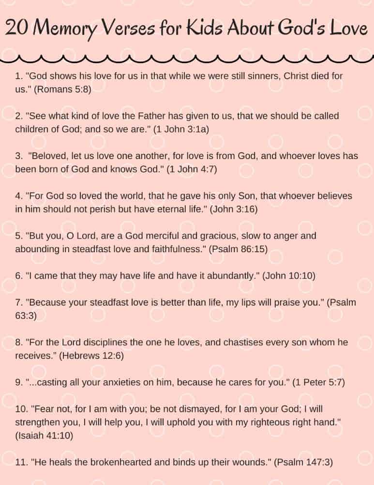 This PDF printable lists all 20 of the best bible verses for children.