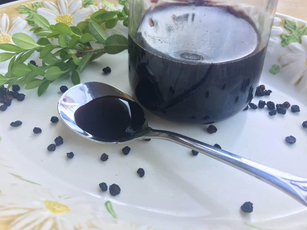 How to Make Elderberry Syrup - elderberry syrup on a spoon and in a glass jar, on a vintage plate with berries and greenery.