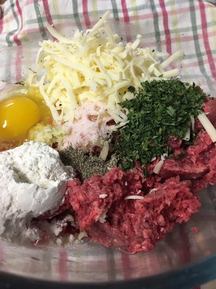 Spaghetti and meatballs ingredients (meat, flour, egg, cheese, seasonings) in a clear bowl.