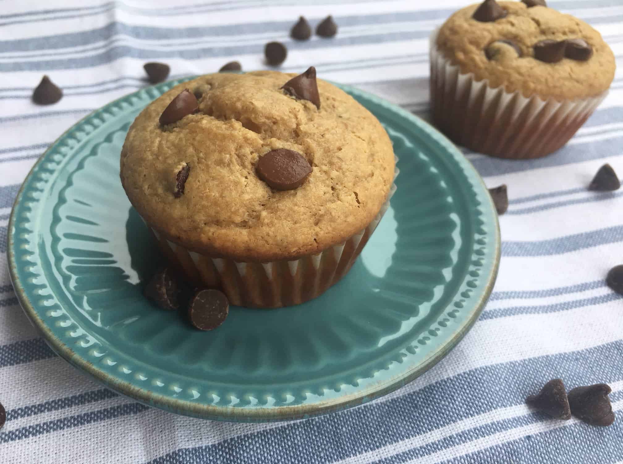 Chocolate chip peanut butter breakfast muffins on an antique blue plate with chocolate chips and another muffin in the background.