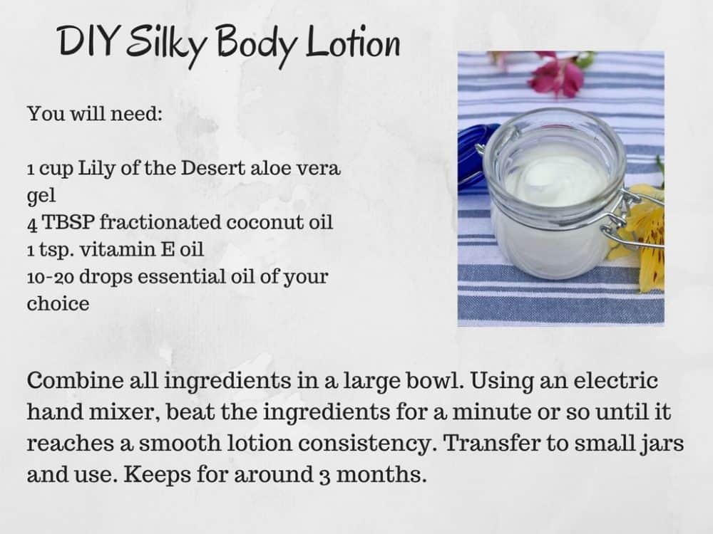 DIY All Natural Body Lotion recipe card with instructions.