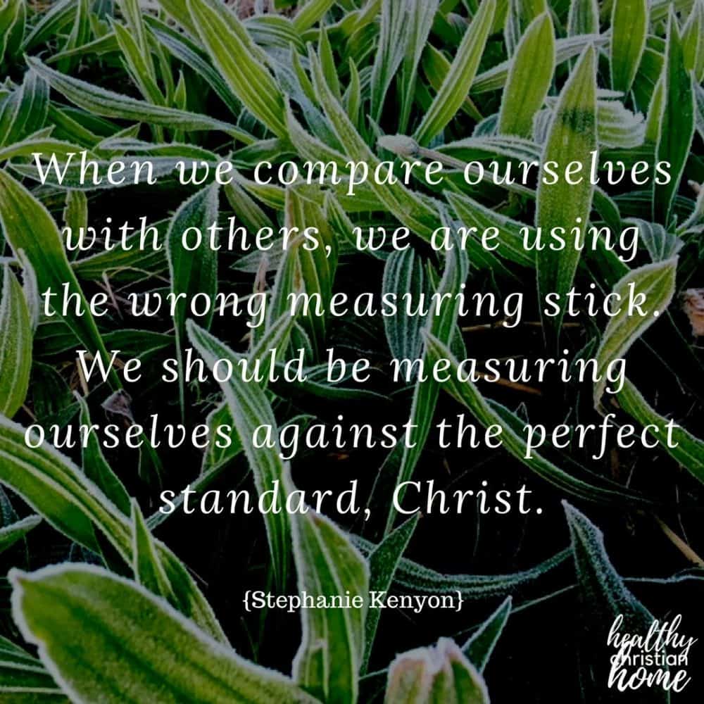How to stop comparing yourself to others quote on a background photograph of green plants.