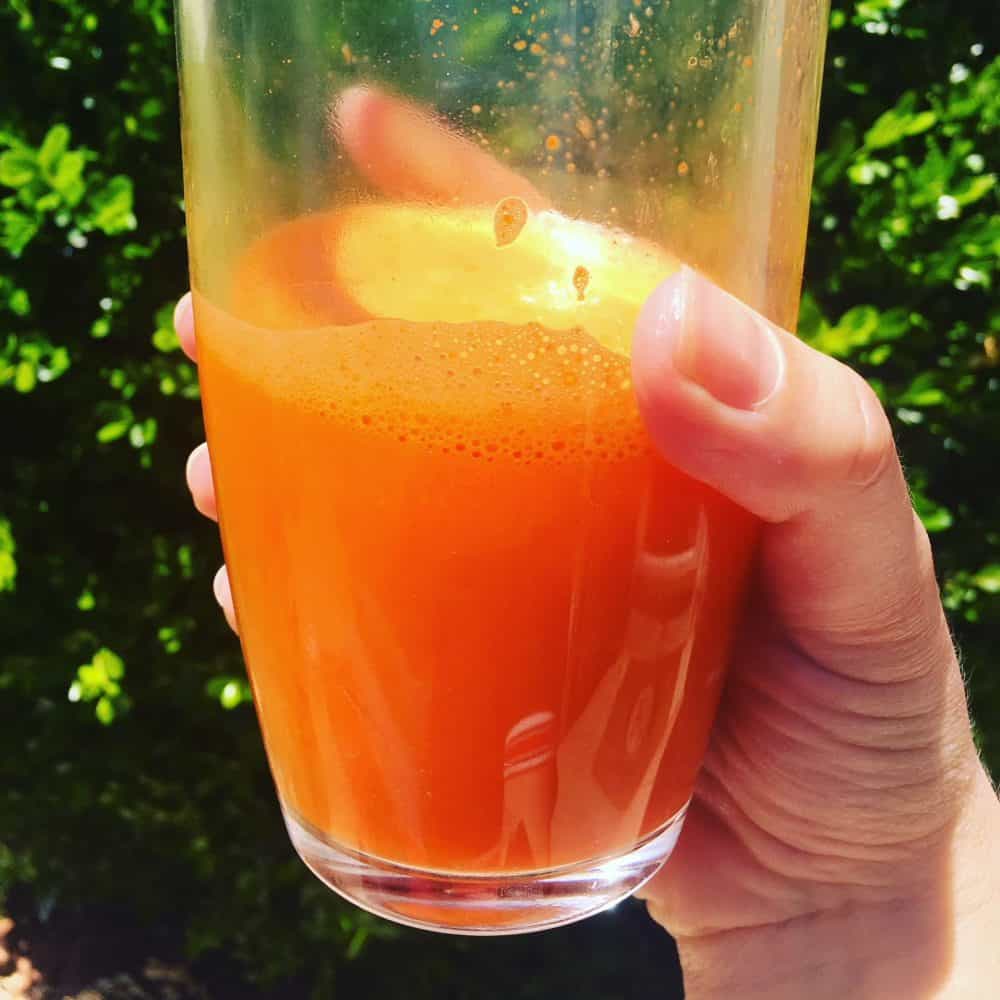 A glass of bright orange carrot juice