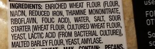 Ingredients list on a loaf of sourdough bread, used to make mini pizza