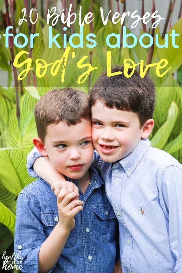 Two brothers embracing with the title text about memory verses for kids.