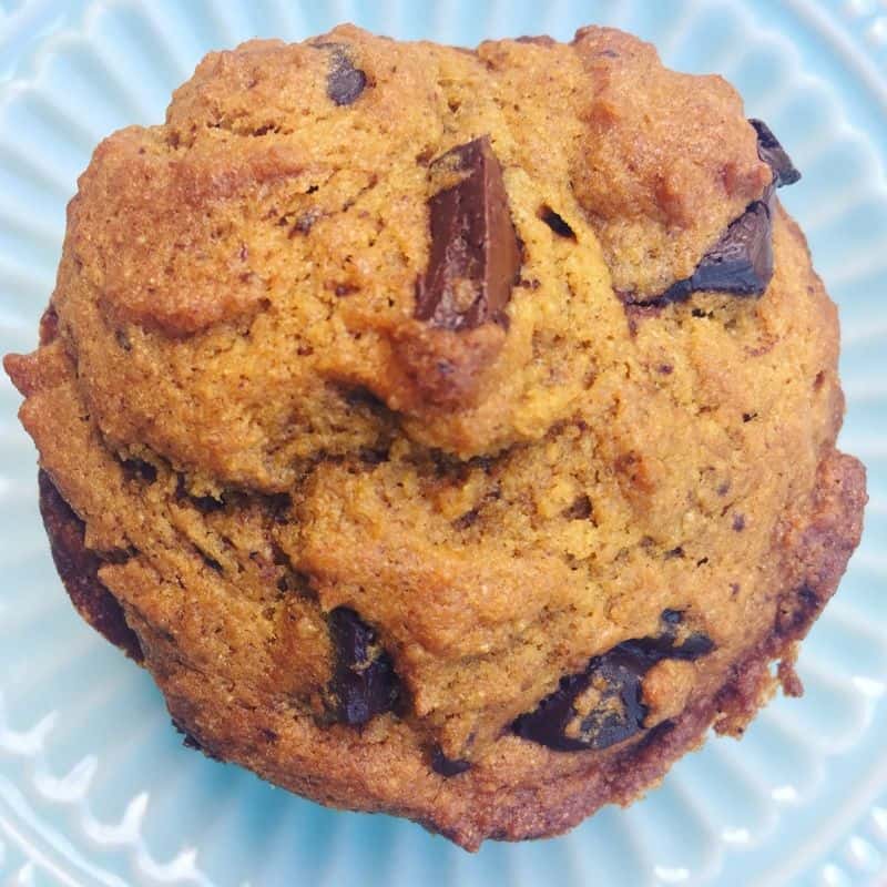 Healthy pumpkin chocolate chip muffin on a blue vintage plate.