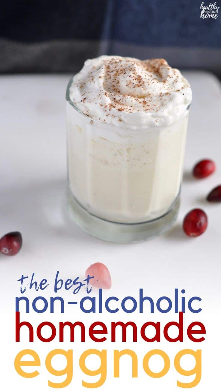 Have you ever wondered how to make eggnog without alcohol? This easy non-alcoholic homemade eggnog is the perfect companion for any holiday gathering. Homemade custard, maple whipped cream and a dash of nutmeg will make this a new holiday tradition for your family. #eggnog #drinks #nonalcoholic #christmas #holidayrecipes #christmasrecipes