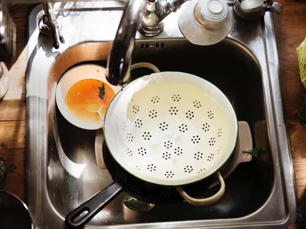 A sink full of dirty dishes.