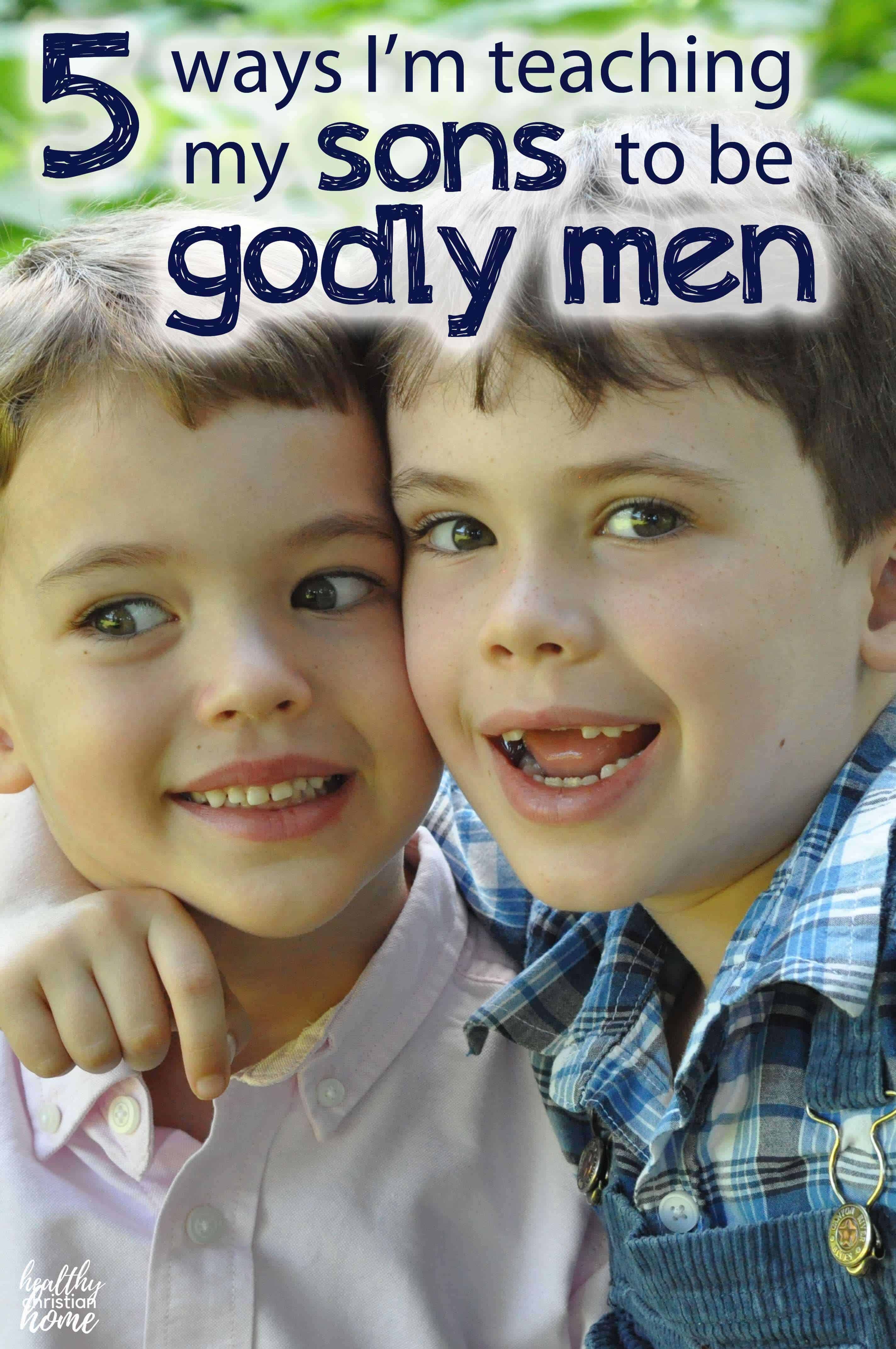 Closeup of two brothers with the title text overlay about raising godly sons.