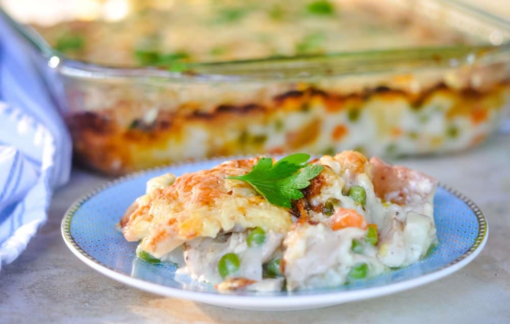 Crustless chicken pot pie served on a vintage plate.