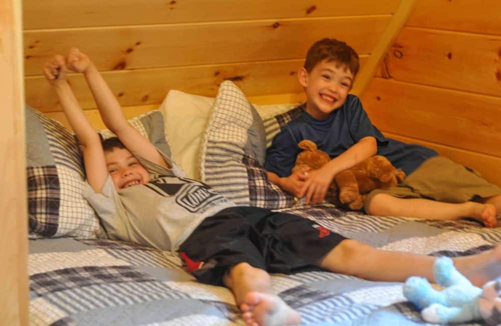 Two brothers in their nature cabin loft.