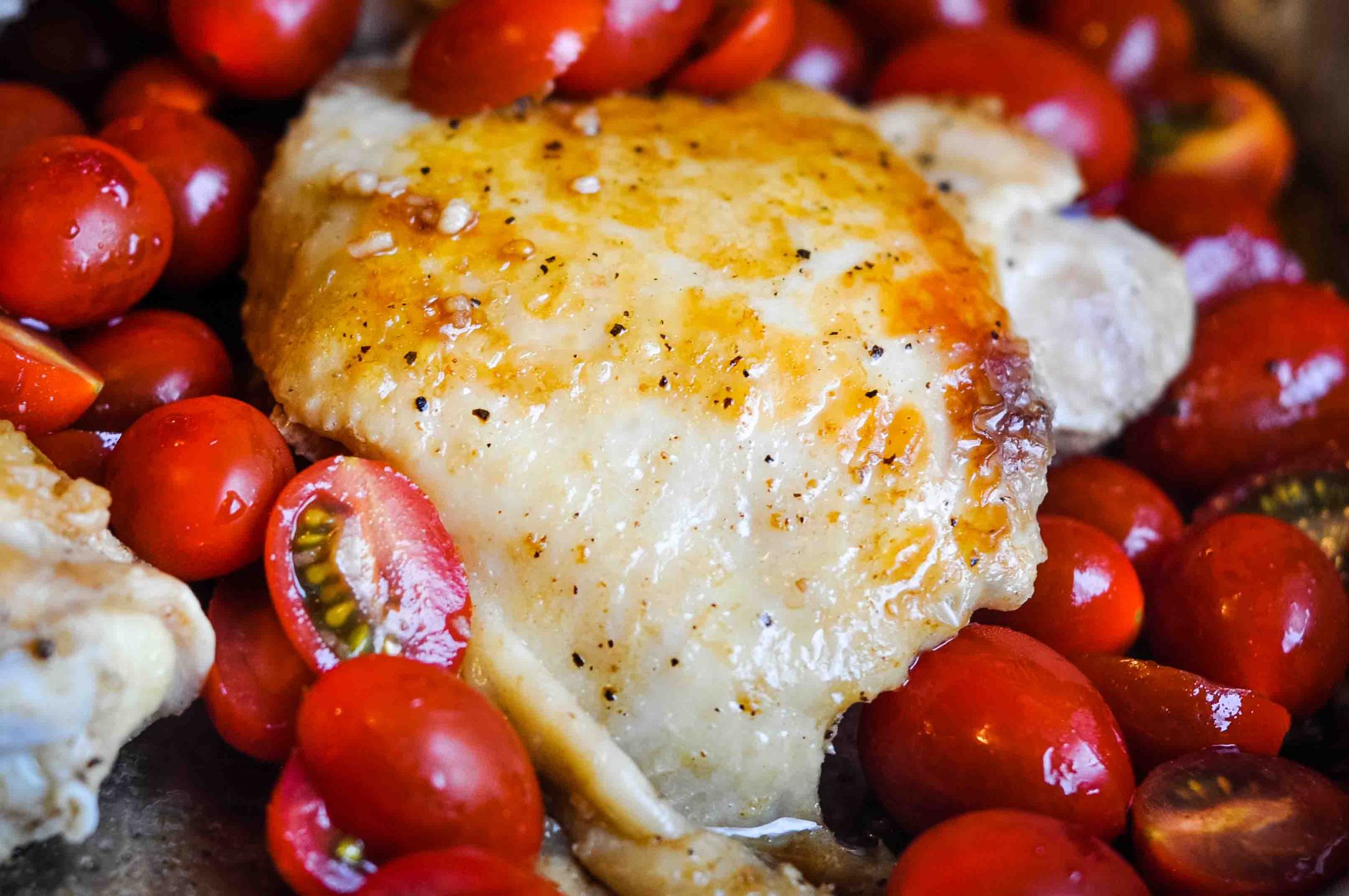 Tomato-Basil Balsamic Chicken Thighs crispy, juicy, ONE pan wonder