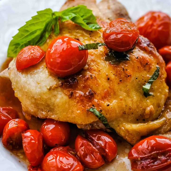 Tomato Basil Balsamic Chicken Thighs crispy juicy ONE pan wonder