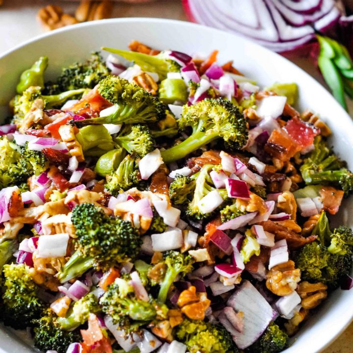 Roasted Broccoli Salad with Bacon & Pecans