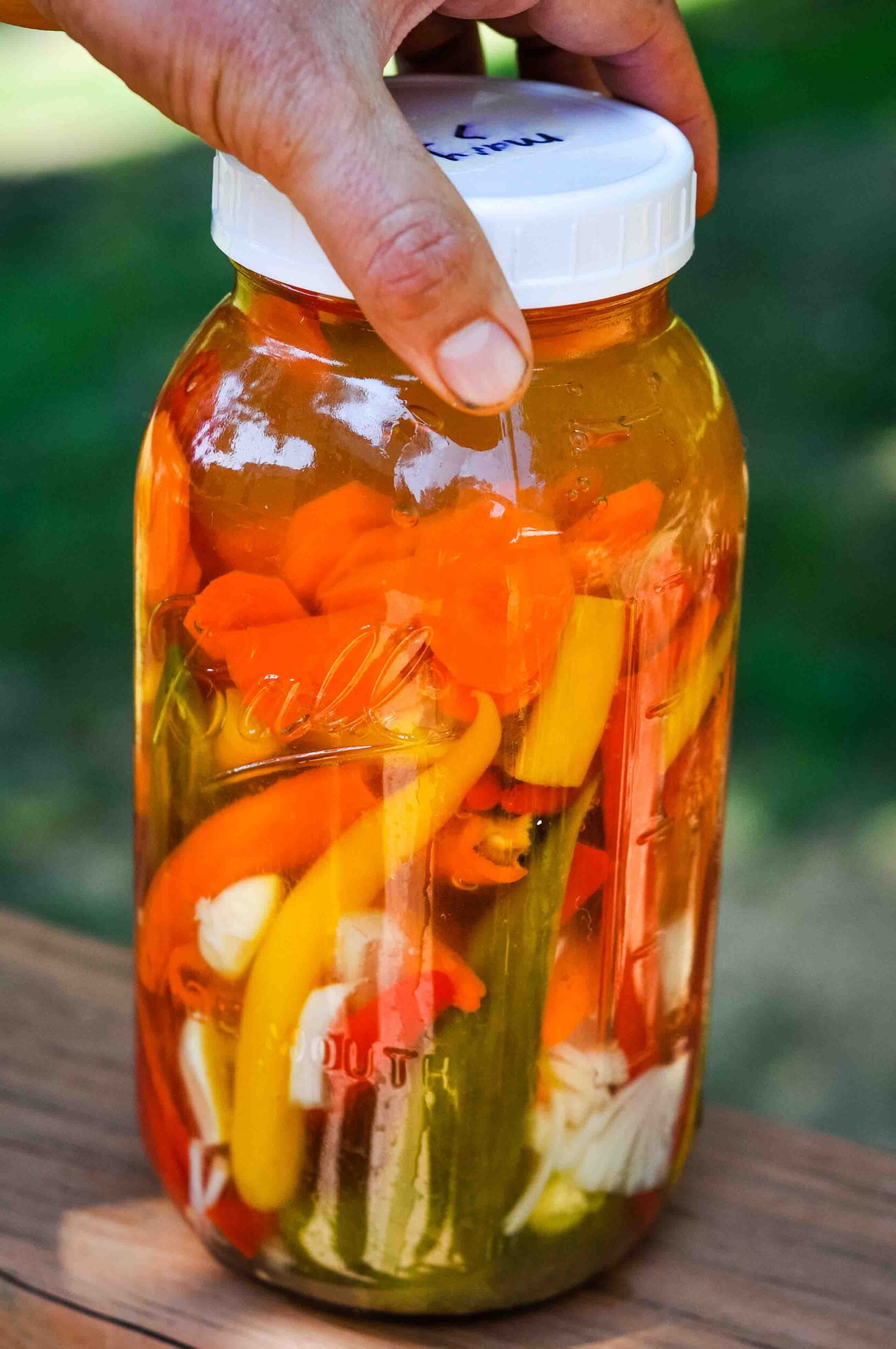 Hand holding a large jar of fermented peppers.