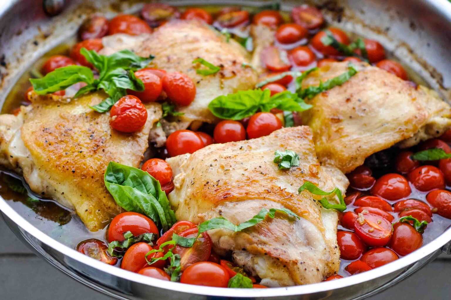 TomatoBasil Balsamic Chicken Thighs {crispy, juicy, ONE pan wonder}