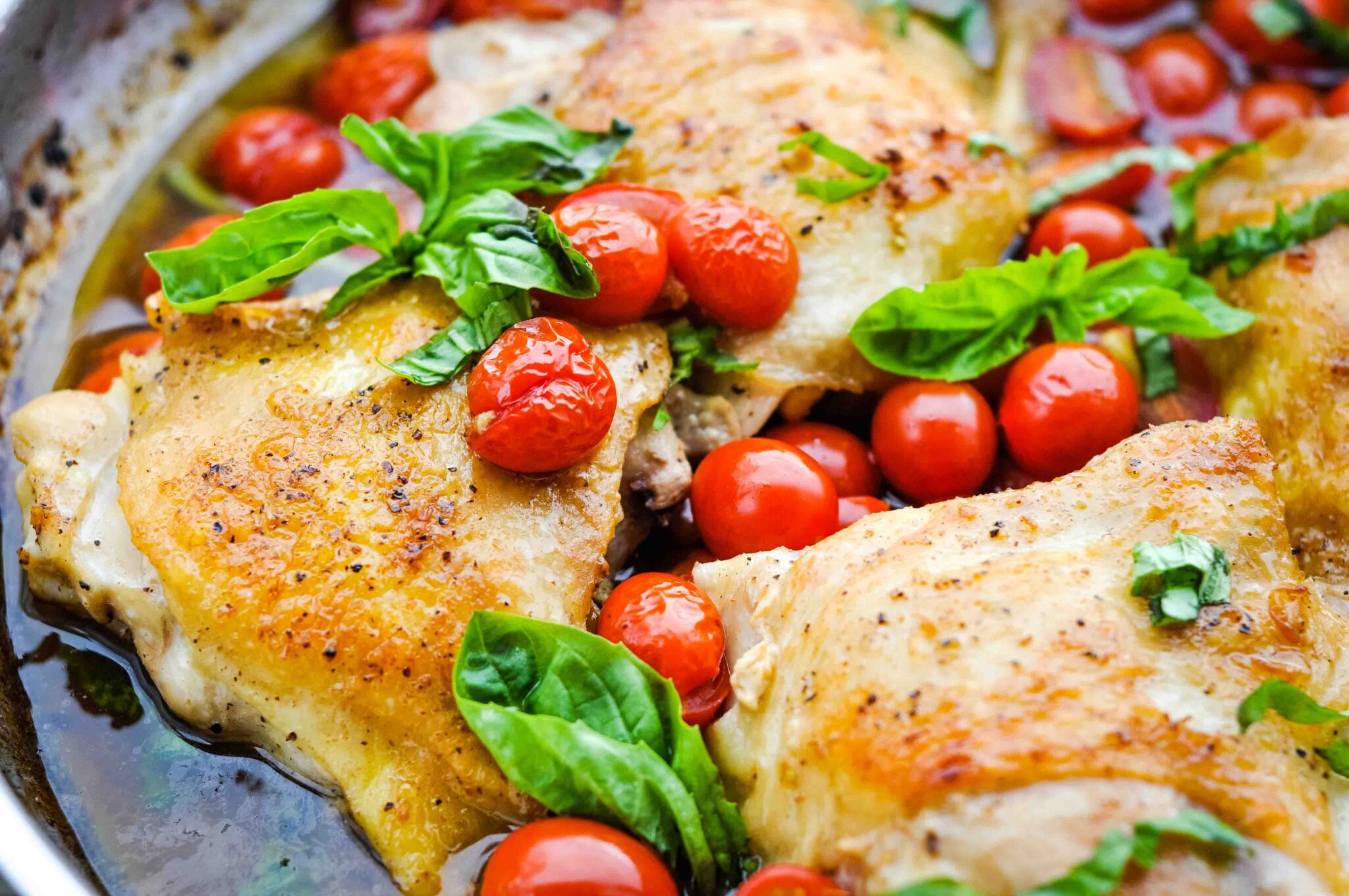 Tomato-Basil Balsamic Chicken Thighs crispy, juicy, ONE pan wonder