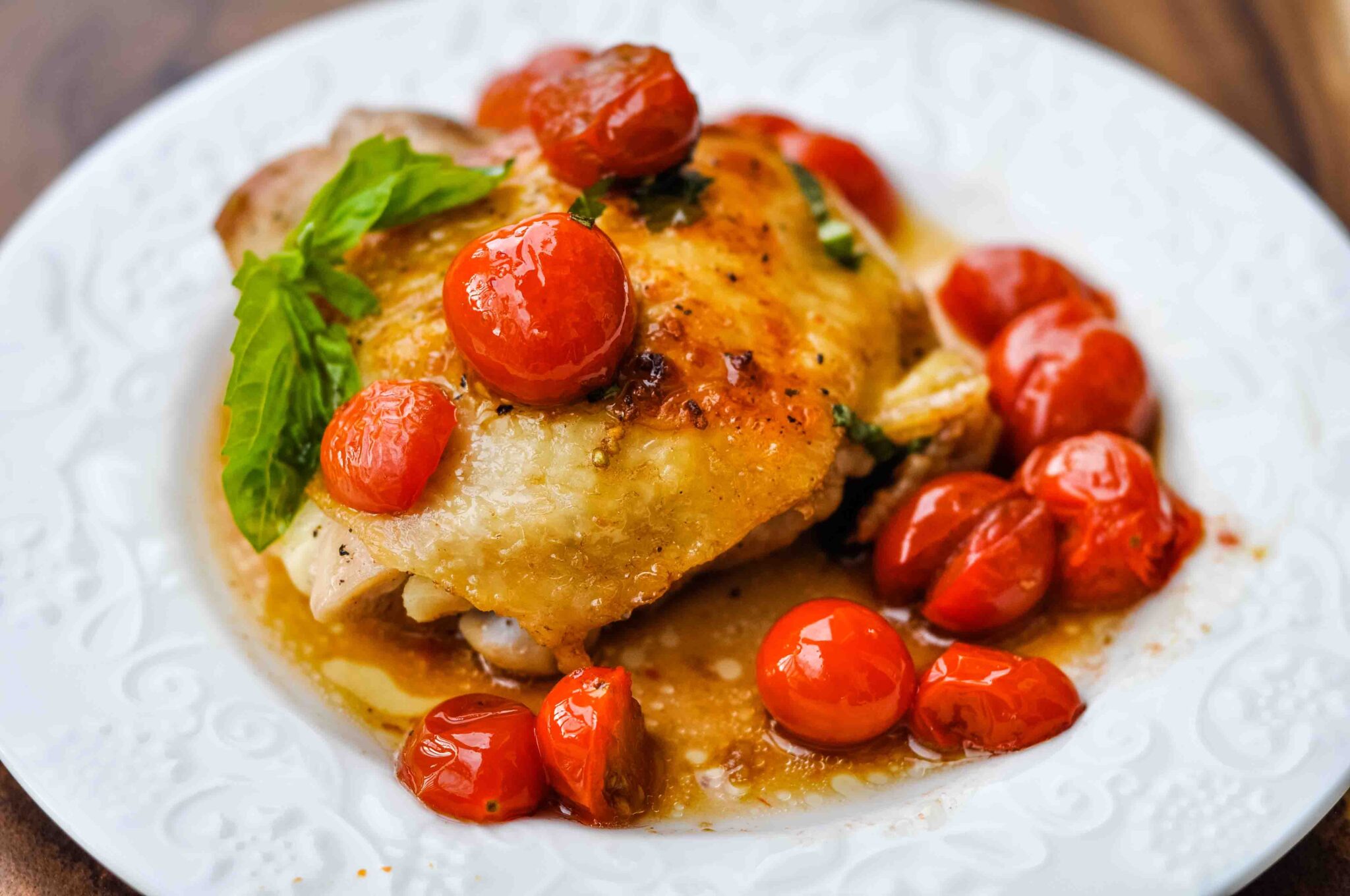 Tomato-Basil Balsamic Chicken Thighs crispy, juicy, ONE pan wonder