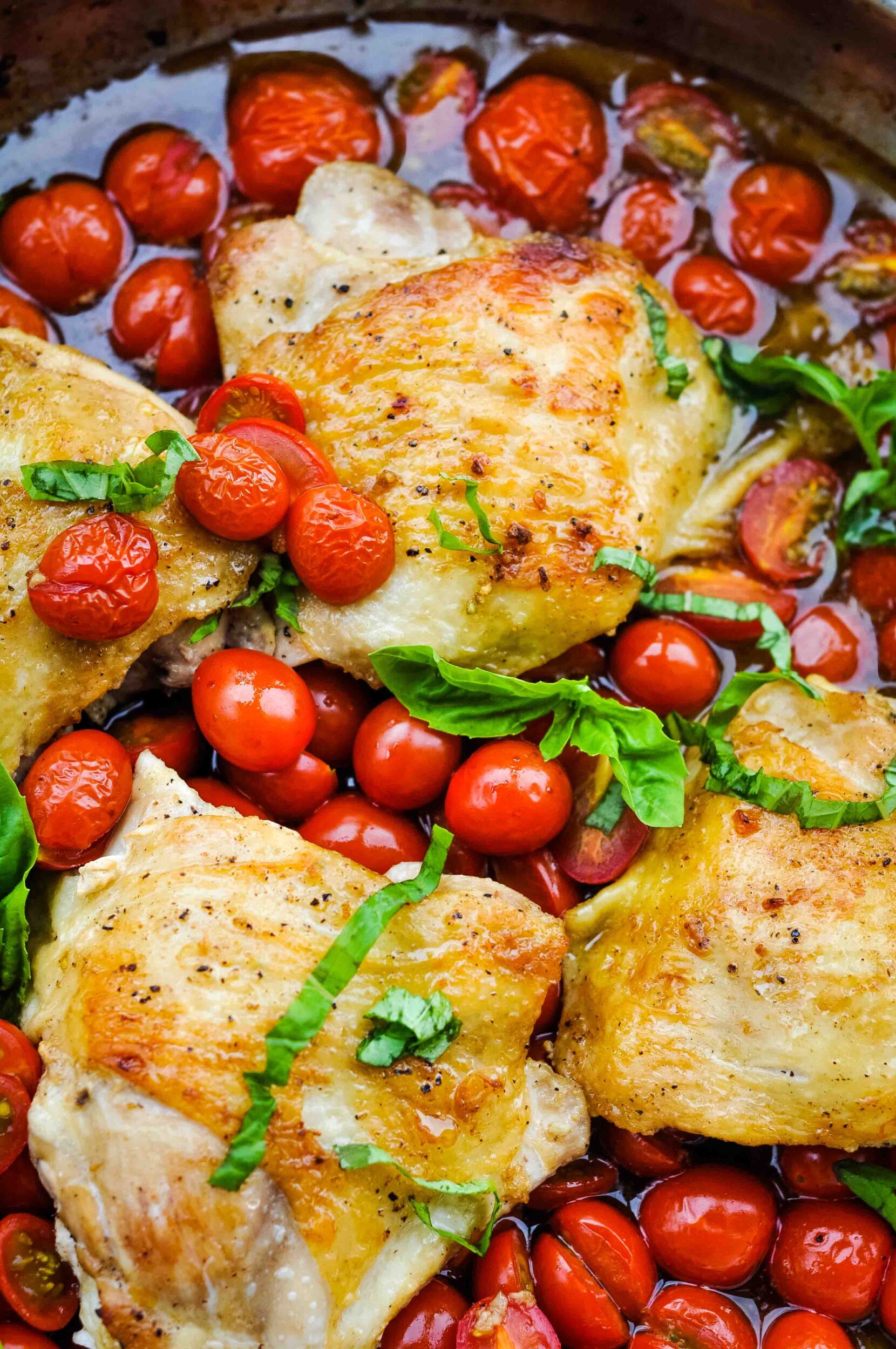 Tomato-Basil Balsamic Chicken Thighs {crispy, juicy, ONE pan wonder}