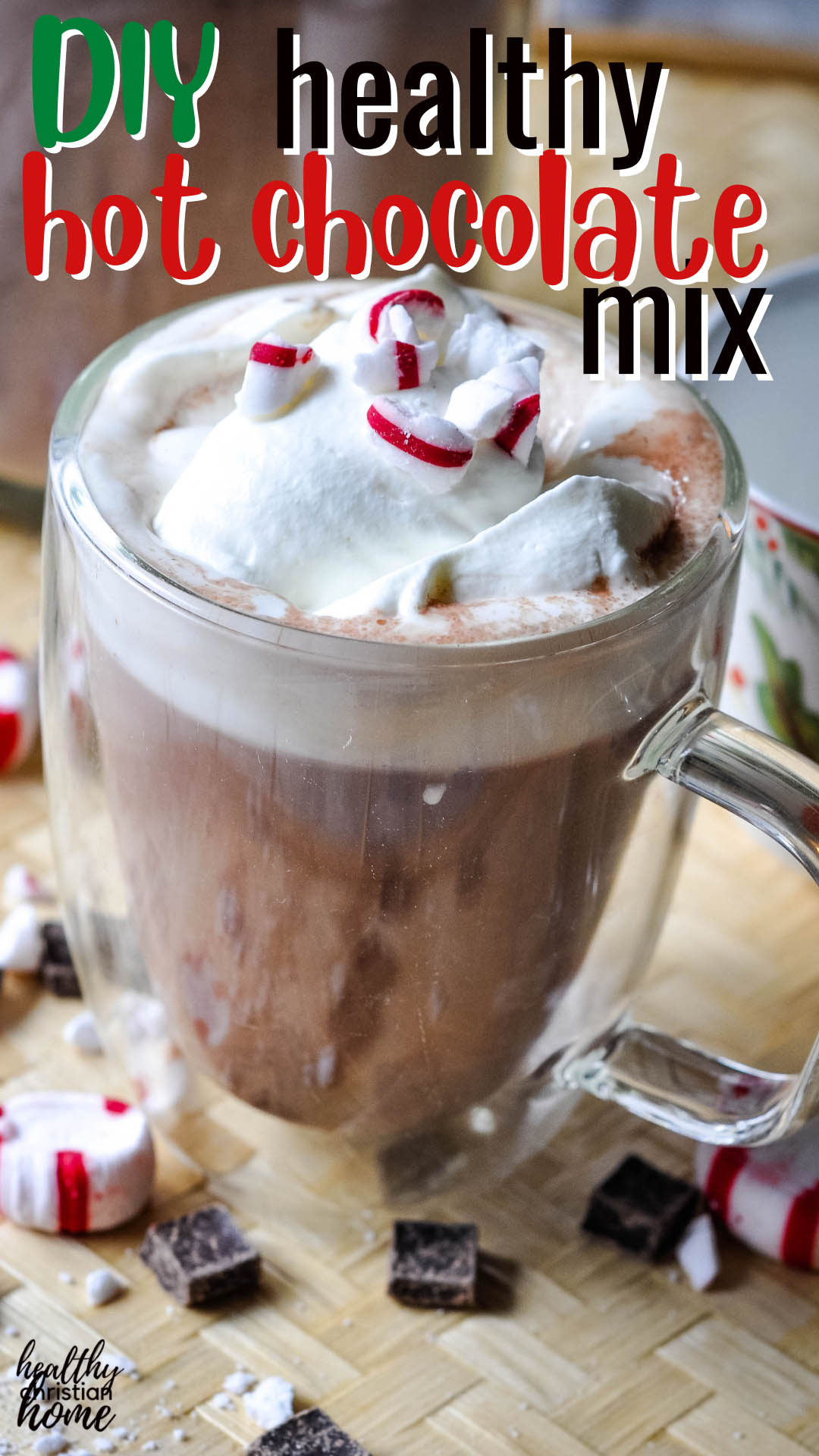 Healthy hot chocolate mix in a mug with hot water.