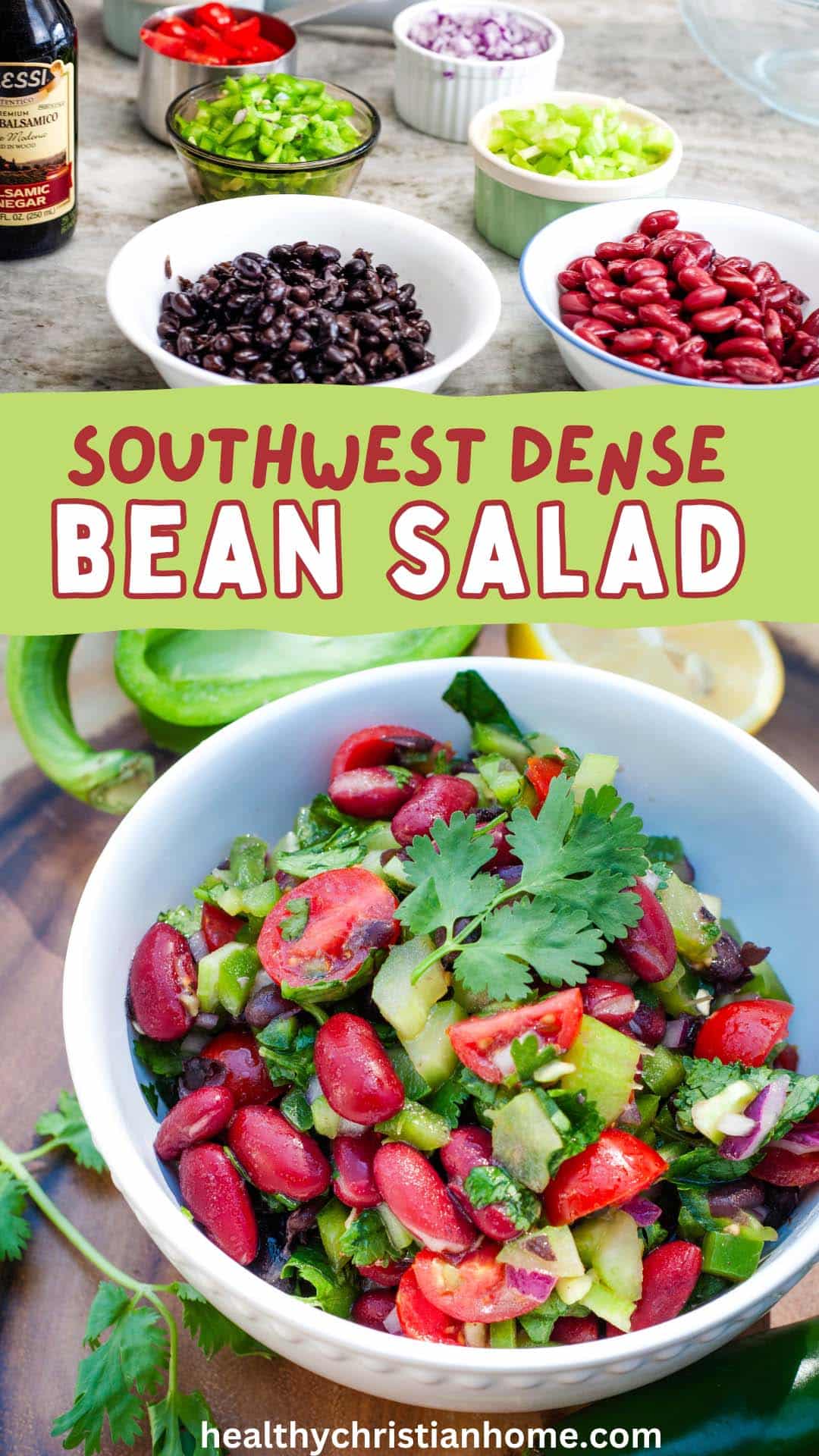 Southwest dense bean salad in a bowl, with individual ingredients, and the title text across the top.