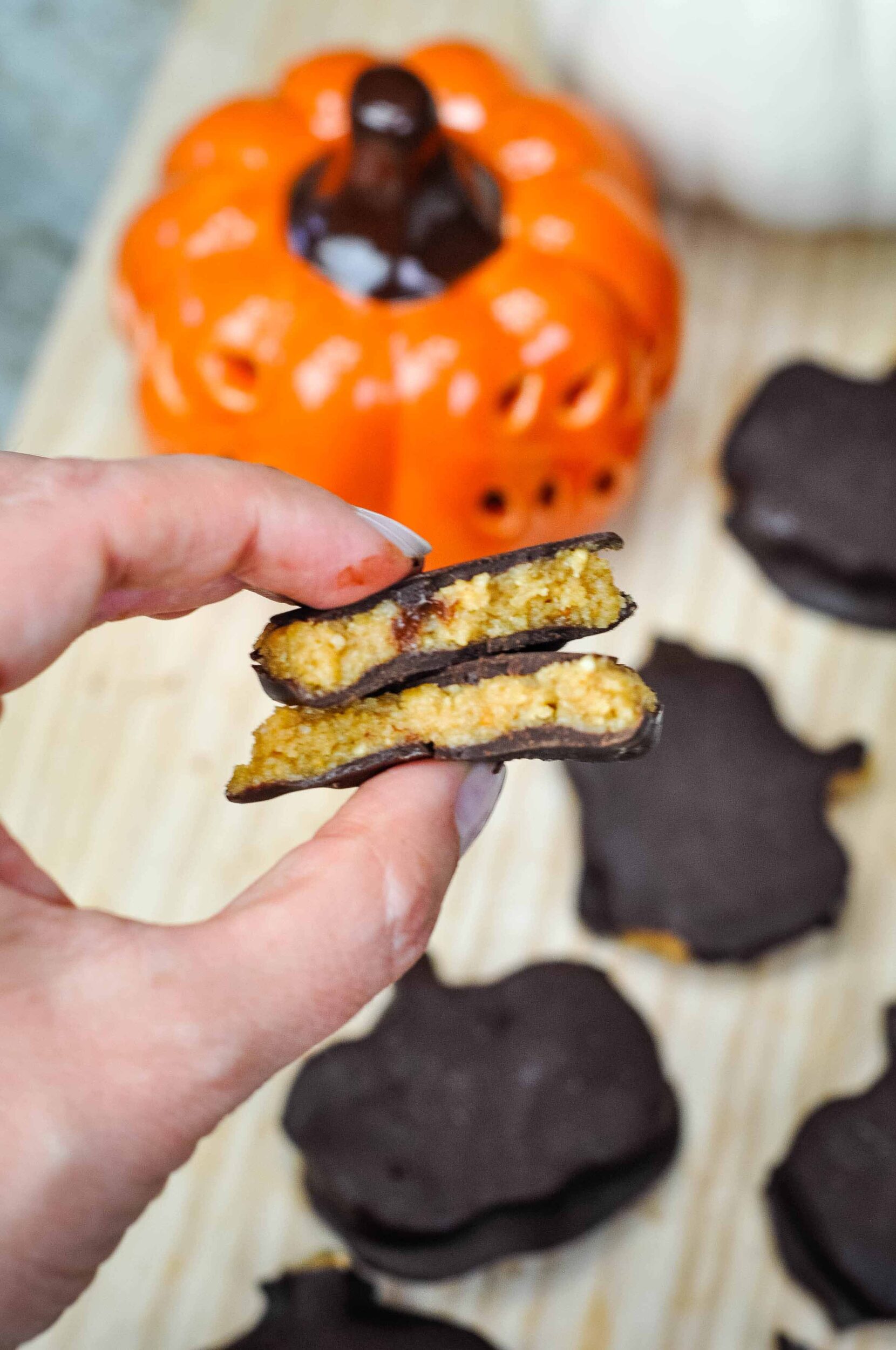 Copycat Reese's pumpkins covered in chocolate.