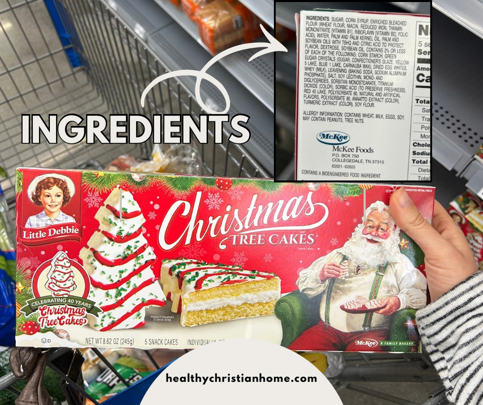 Photo of Little Debbie Christmas tree cakes box with the ingredient list shown on the back.
