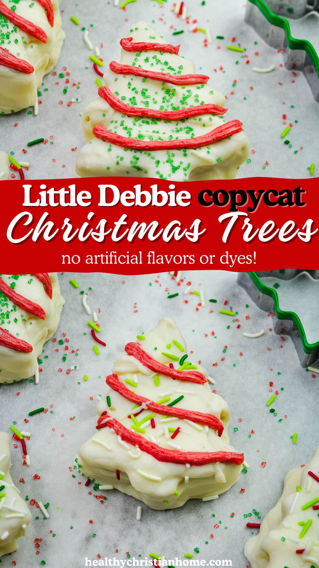 Pinterest image with title and close up images of Christmas tree cakes.