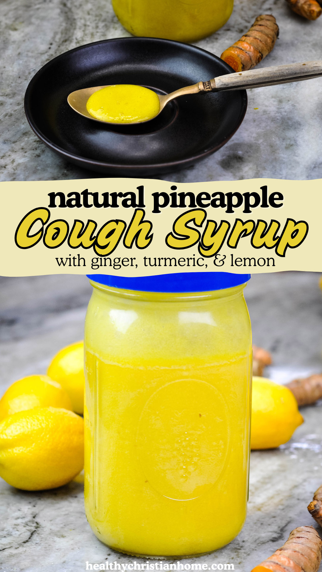 Image of pineapple cough syrup with title text.