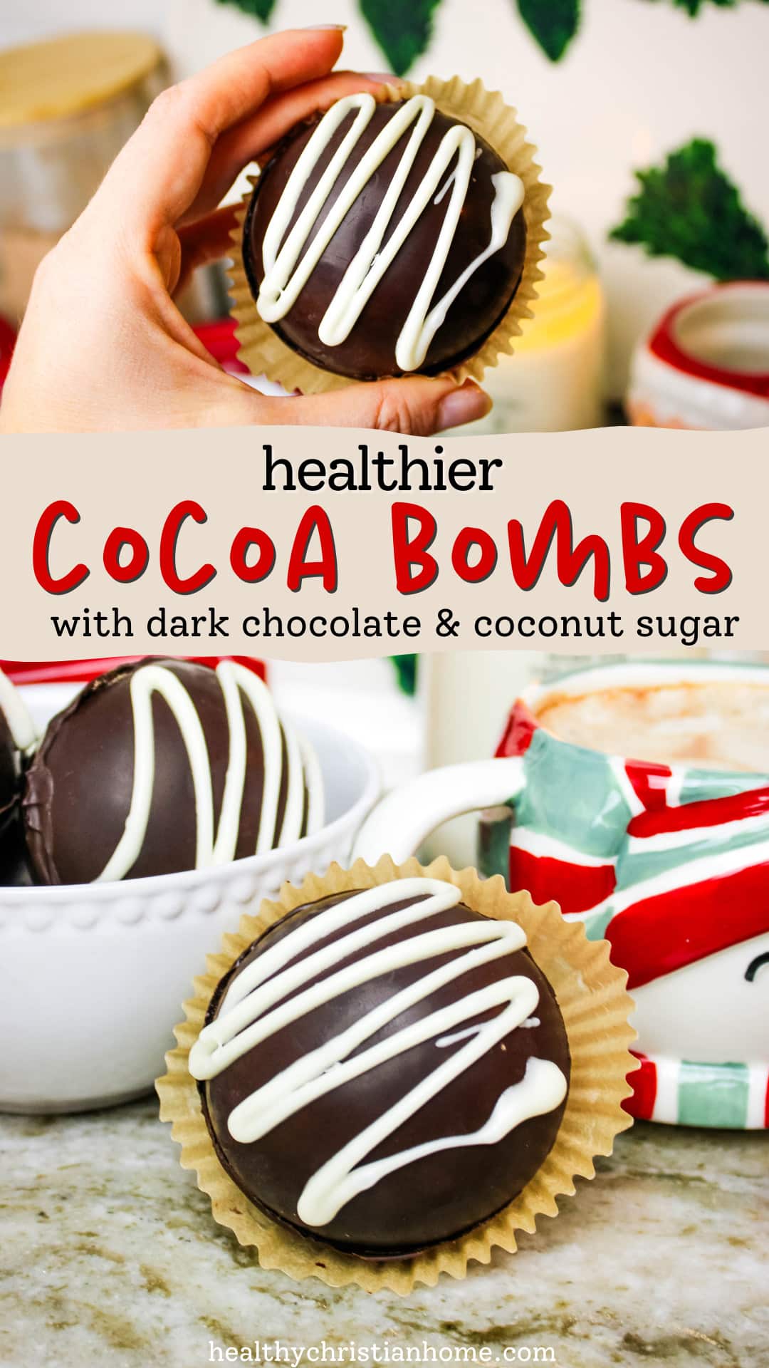 Pinterest recipe image featuring close up photos of the hot chocolate bombs and title text.