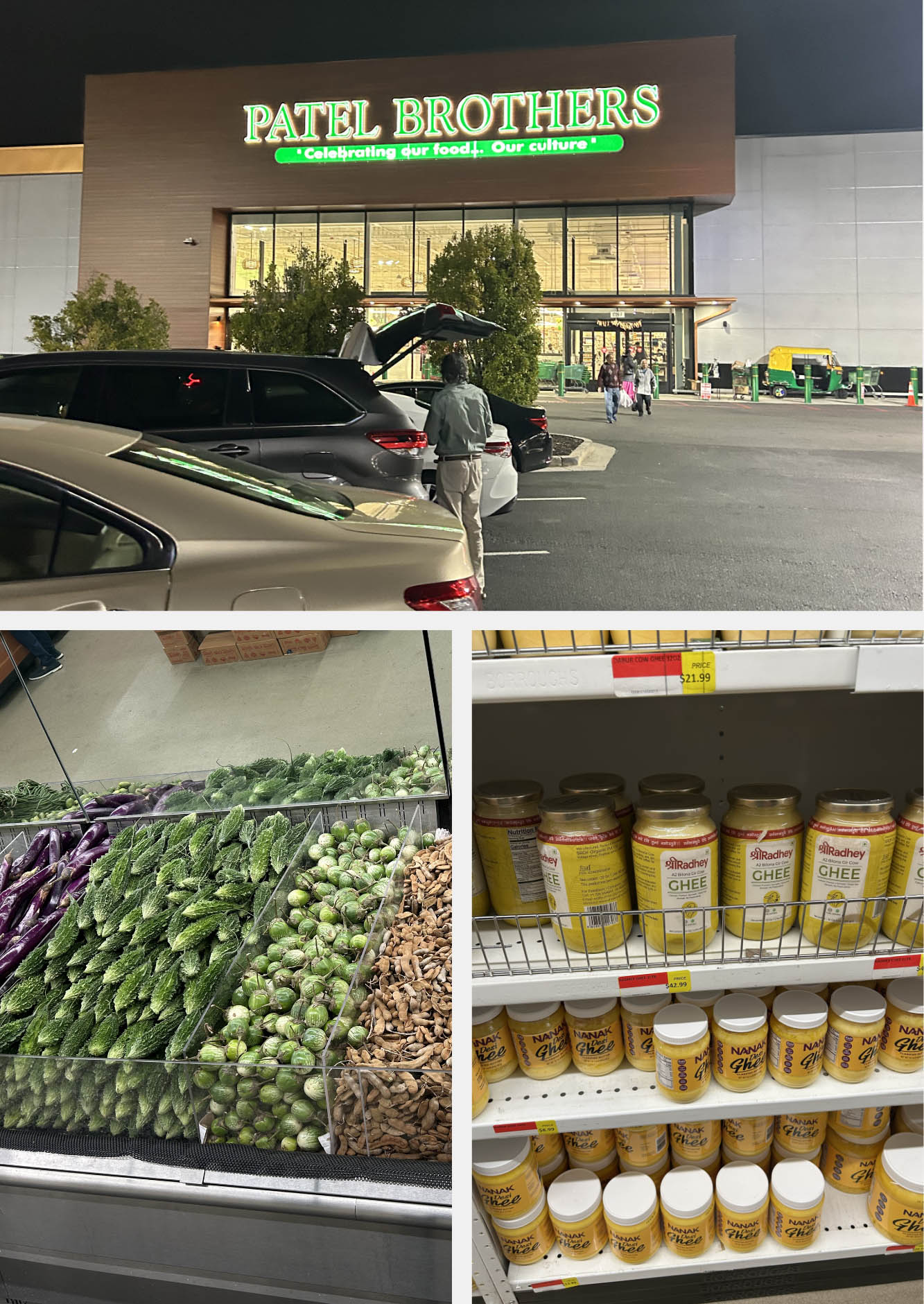 Indian grocery store and Indian ingredients on shelves.