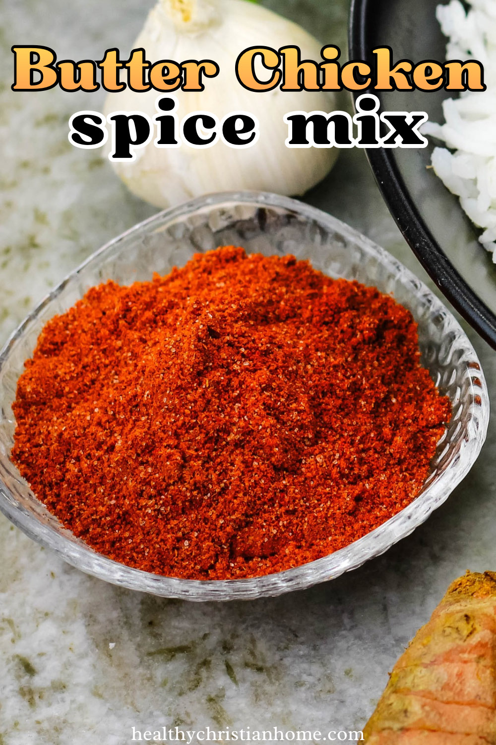 Butter chicken spice mix in a small glass dish.