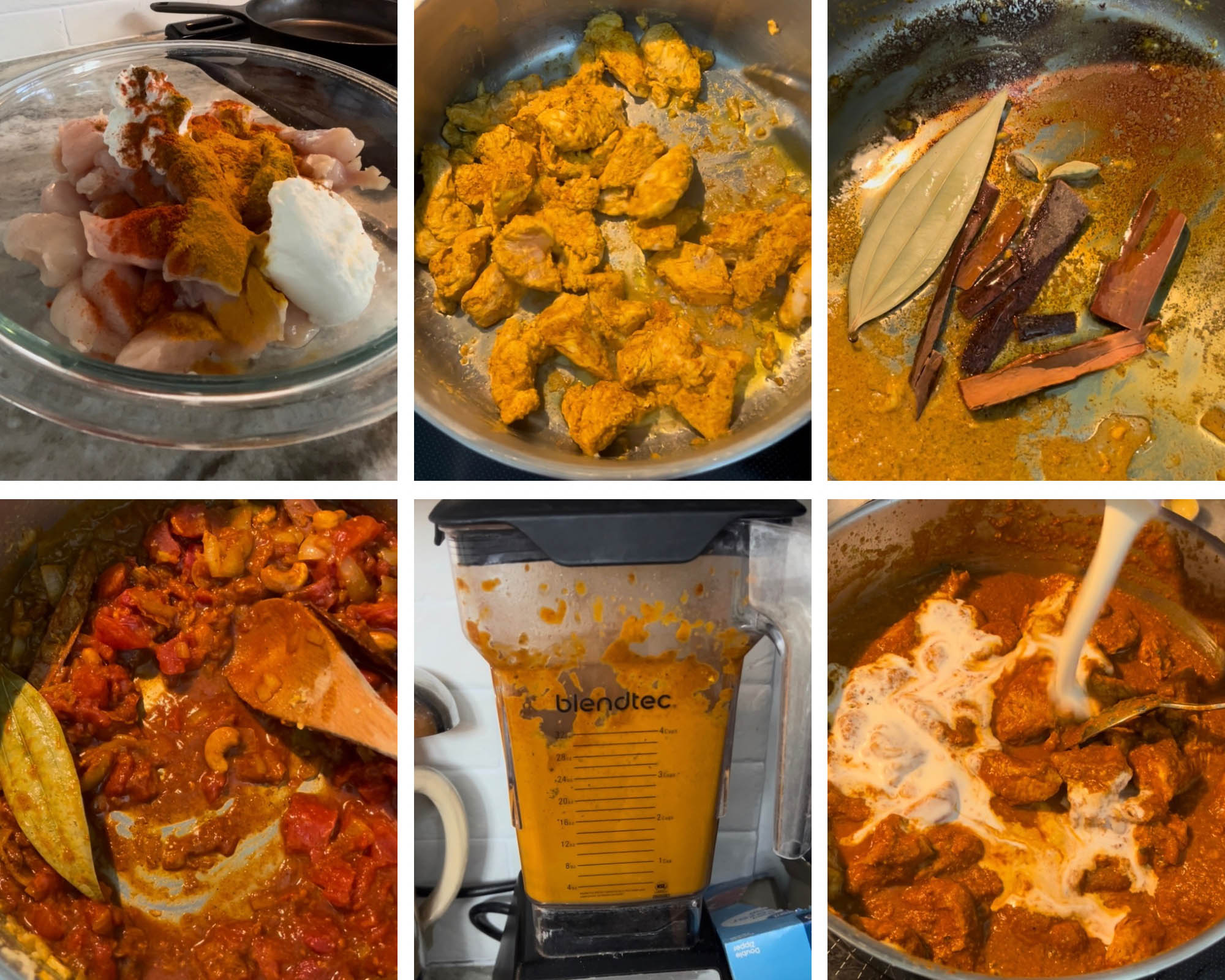 Step by step images of cooking butter chicken.