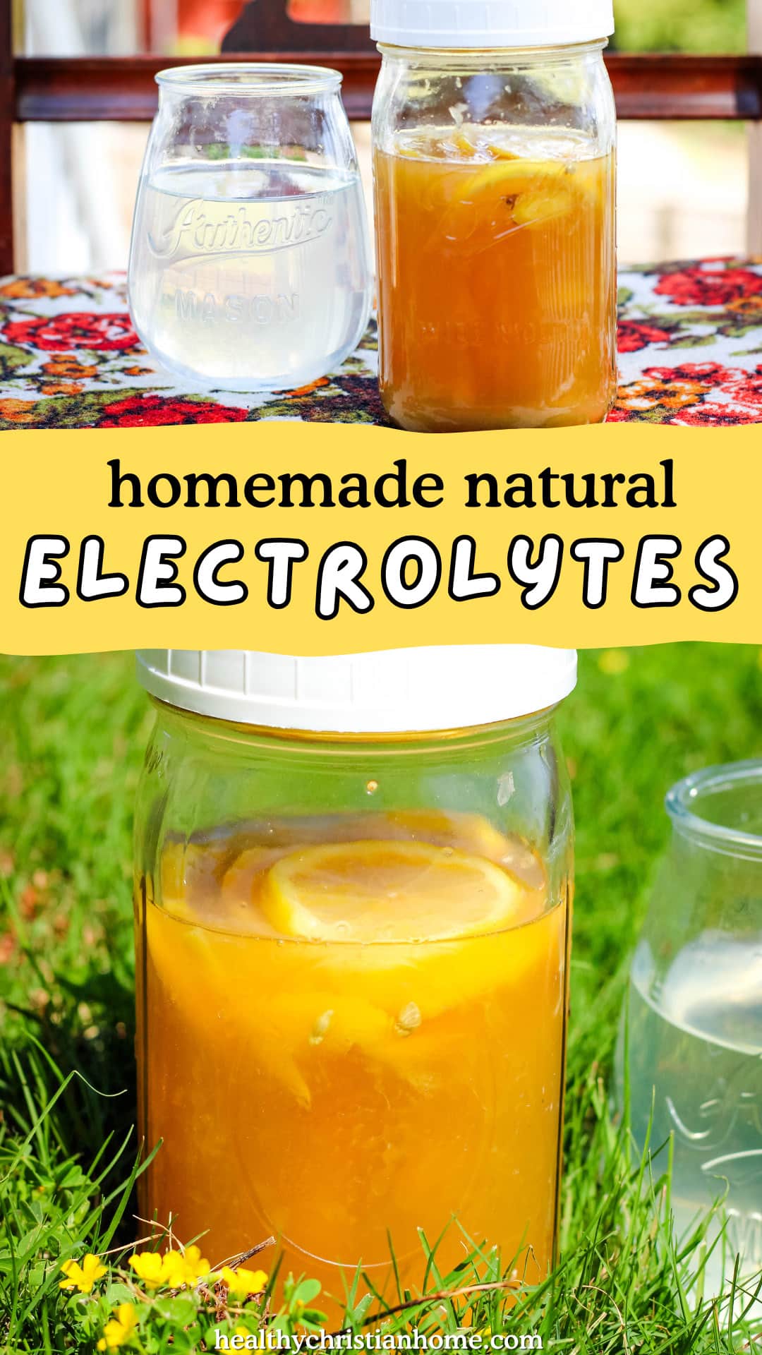 Jar of homemade electrolyte concentrate sitting outside in the grass with title text.