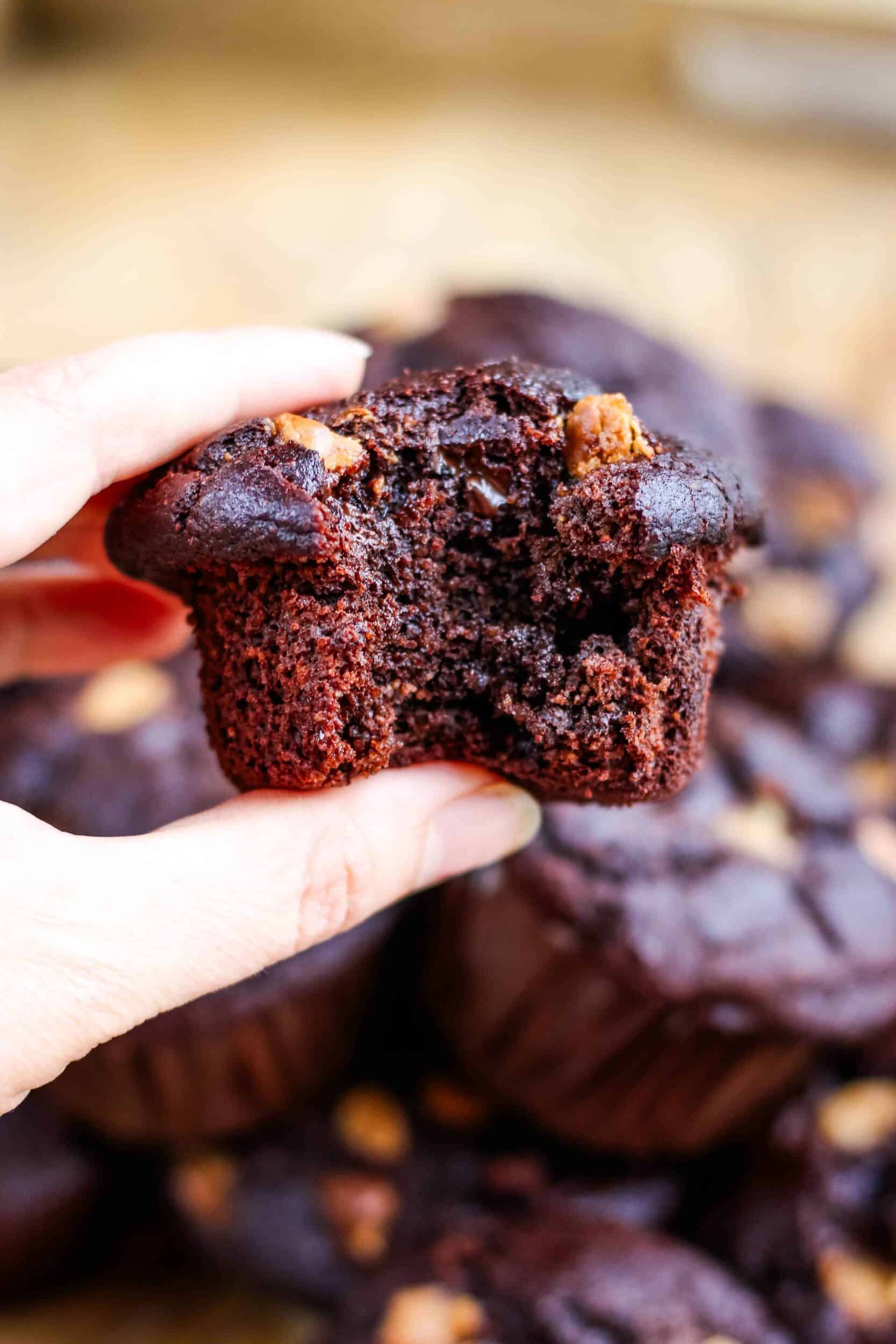 Hand holding a gluten free double chocolate muffin with a bite out of it.