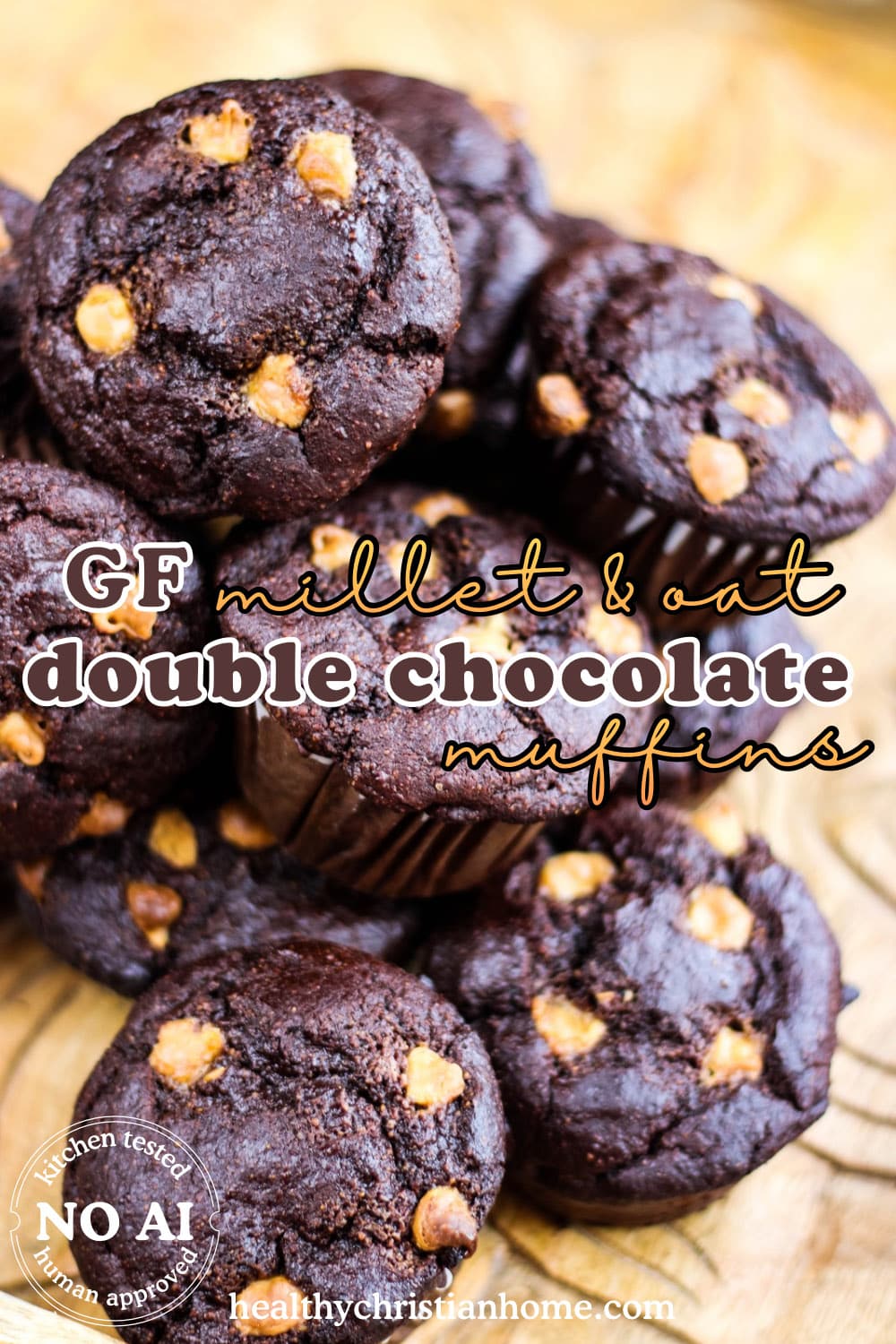 Gluten free double chocolate muffins piled on a platter with title text on top.