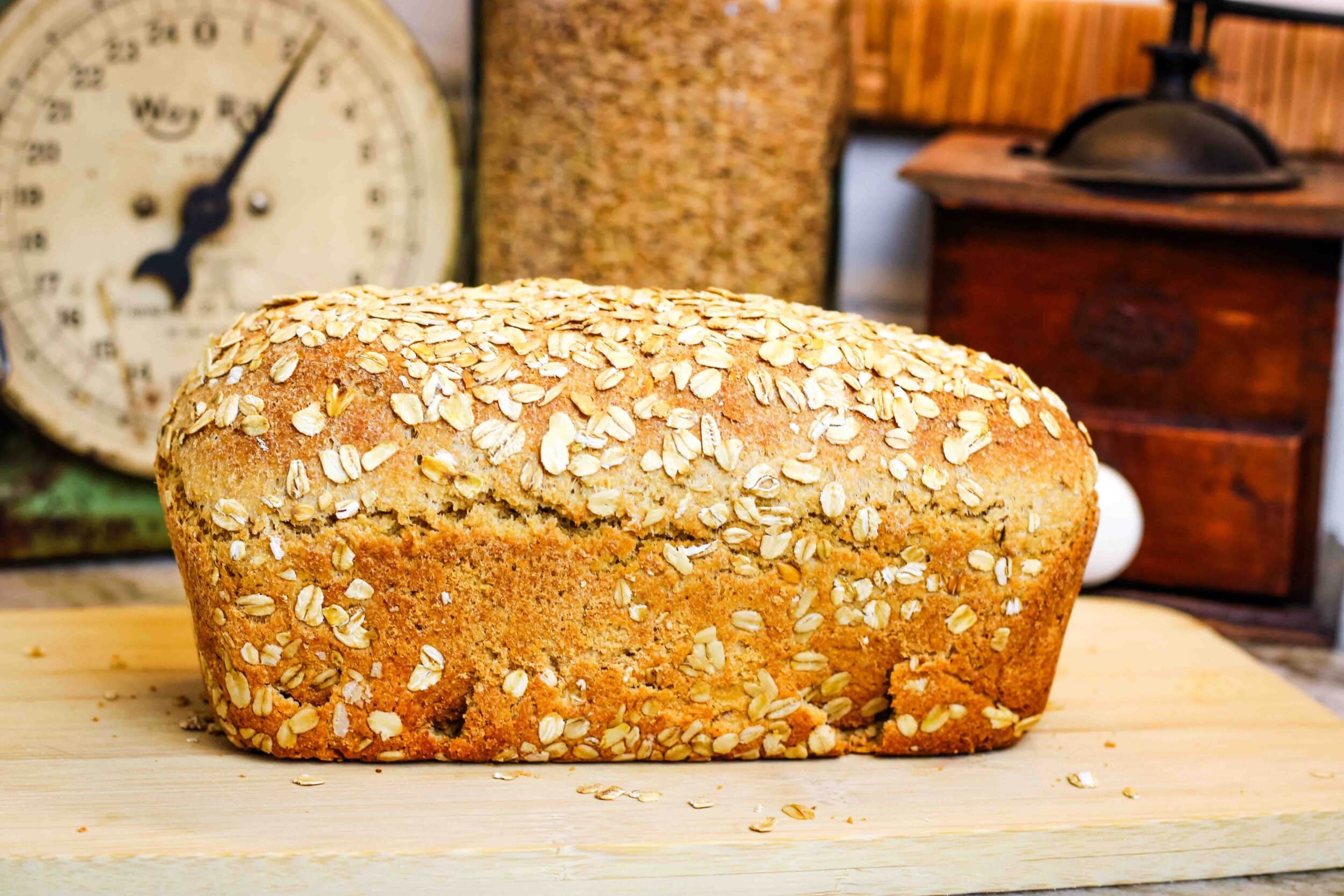 Horizontal side view of a honey oat loaf.