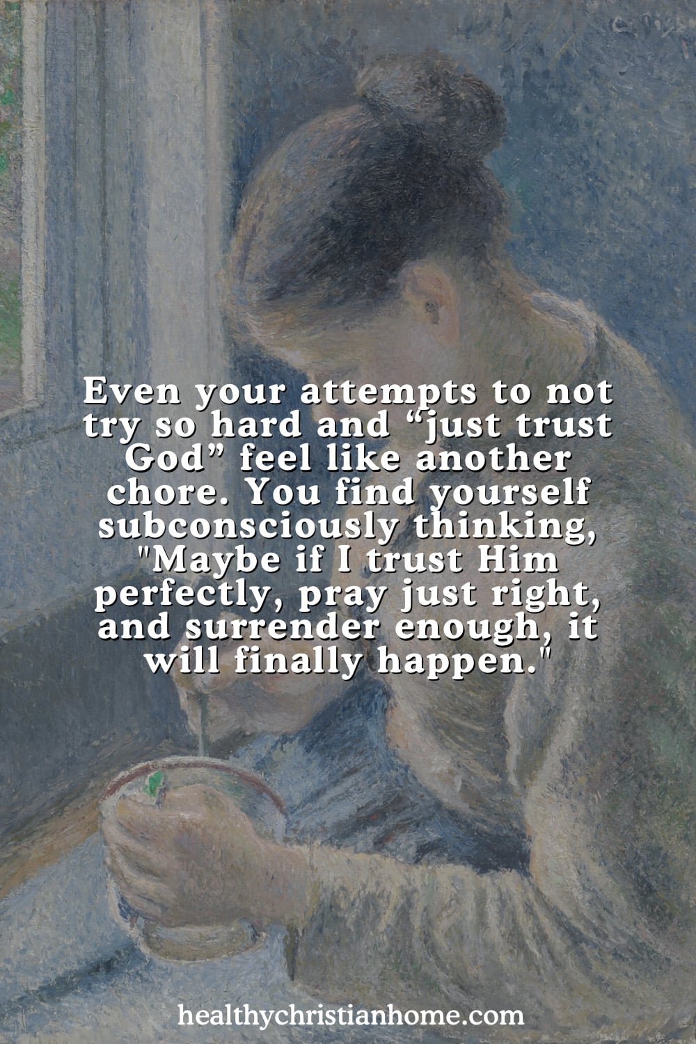 Painting of a woman having coffee with a quote from the article on top.