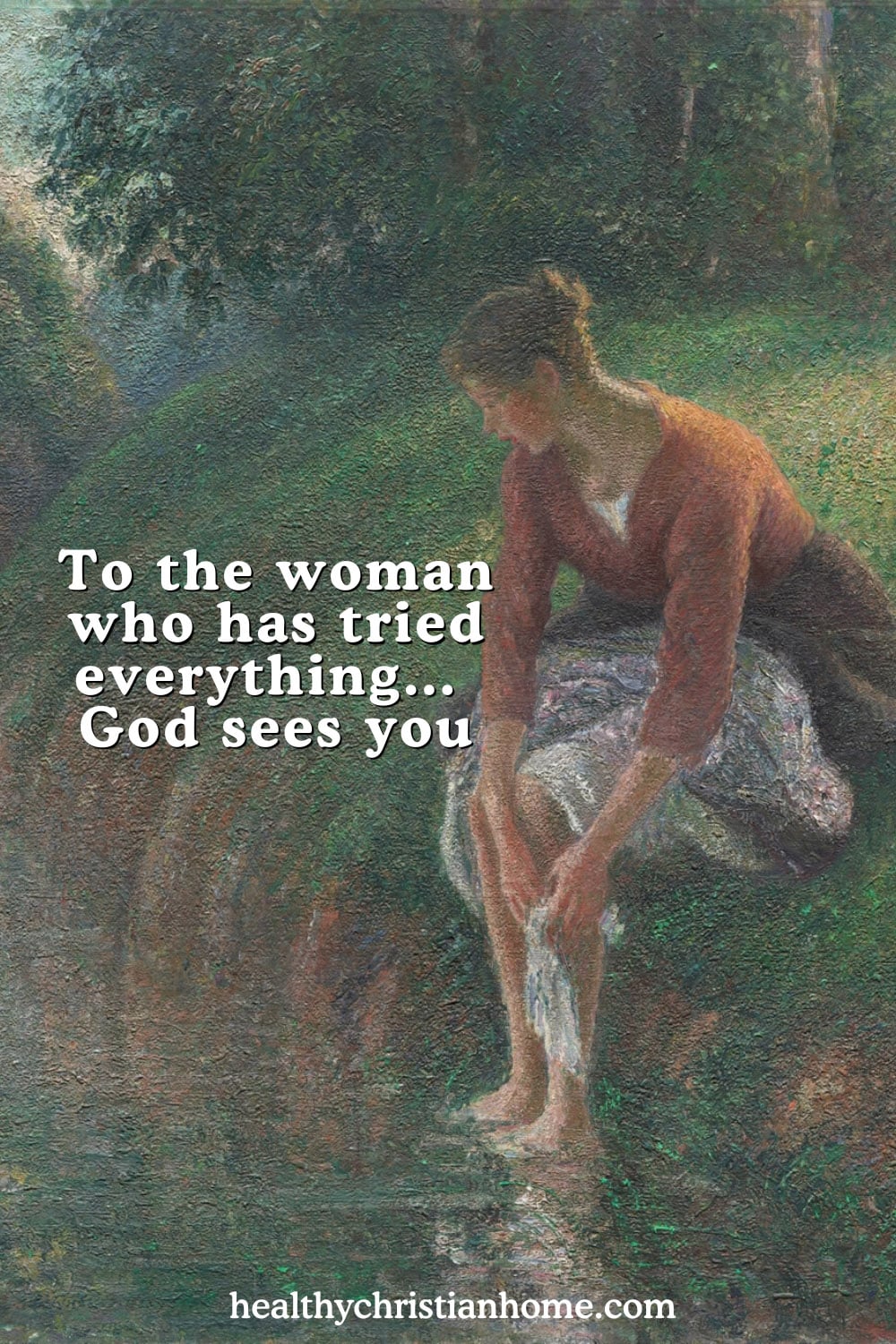 Painting of a woman bathing her feet in a stream.